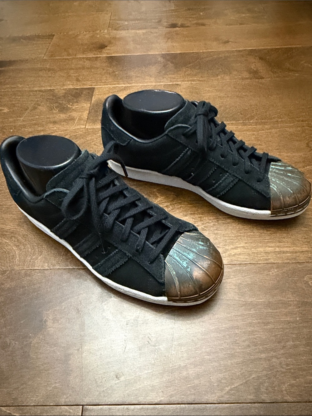 adidas Black Suede Sneakers with Aged Copper-Tone Shell Toe - Picture 3 of 10